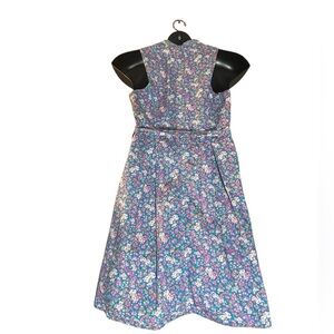 Women fit flare knee length pleated belted ditsy floral dress Feminine Pink blue